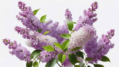 The primary subject of the image is a purple flower, which is the main focus of the scene. The flower is surrounded by green leaves, creating a vibrant and lively atmosphere. The setting appears to be a white background, which provides a clean and minimalistic environment for the flower to stand out. The visual style of the image is a close-up of the flower, showcasing its details and beauty. The dominant colors in the image are purple and green, which evoke a sense of freshness and natural beauty.