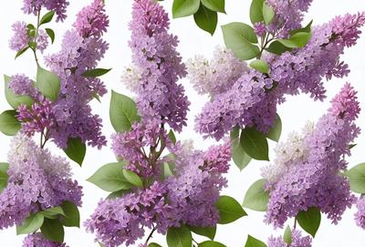 The primary subject of the image is a close-up of purple flowers, possibly lavender, with green leaves. The flowers are arranged in a pattern, creating a visually appealing scene. The setting is a white background, which provides a clean and minimalist look to the image. The visual style is a combination of photo and digital art, as the flowers are captured in a detailed and artistic manner. The dominant colors are purple and green, giving the image a calm and serene atmosphere.