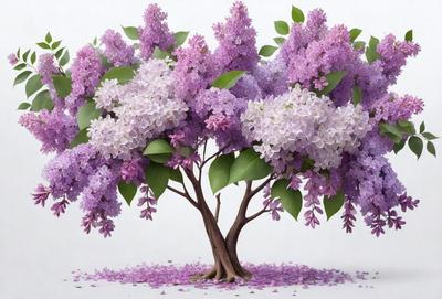 The primary subject of the image is a tree with purple flowers. The tree is surrounded by purple flowers, creating a beautiful and vibrant scene. The setting is a white background, which provides a clean and minimalistic look to the image. The visual style is a combination of photo and digital art, as the tree and flowers appear to be realistically rendered, while the overall atmosphere is serene and calming.