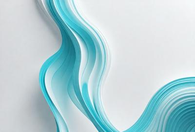The primary subject of the image is a large, curved, and swirling blue paper sculpture. The setting is a white wall, which serves as a clean and uncluttered backdrop for the artwork. The visual style is a combination of digital art and illustration, as the paper sculpture appears to be digitally created and manipulated. The colors and mood of the image are predominantly blue, creating a sense of calmness and tranquility.