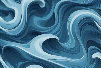 The primary subject of the image is a blue and white ocean wave. The setting is the ocean, with the wave being the main focus of the image. The visual style is a digital art or illustration, as the wave is depicted in a detailed and artistic manner. The dominant colors are blue and white, creating a serene and calming atmosphere.