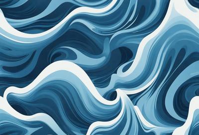 The primary subject of the image is a large body of blue water, featuring a wave pattern that appears to be a painting or digital art. The setting is a vast ocean, and the visual style is a combination of photo and digital art. The dominant colors are blue and white, creating a serene and calming atmosphere.