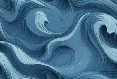 The primary subject of the image is a blue ocean with waves. The setting is the ocean, and the visual style is a digital art or illustration. The dominant colors are blue and white, creating a calm and serene atmosphere.