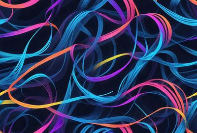 The primary subject of the image is a colorful, swirling pattern of blue, orange, and purple hues. The setting is a black background, which contrasts with the vibrant colors of the pattern. The visual style appears to be a digital art or illustration, as the colors and patterns are intricately intertwined. The overall atmosphere is lively and energetic, with the swirling colors creating a sense of movement and dynamism.