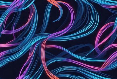 The primary subject of the image is a swirling, colorful pattern of blue, pink, and orange neon lights. The setting is a dark background, which contrasts with the vibrant colors of the neon lights. The visual style is a digital art or illustration, as the colors and patterns are created through digital means. The dominant colors are blue, pink, and orange, creating a lively and energetic atmosphere.