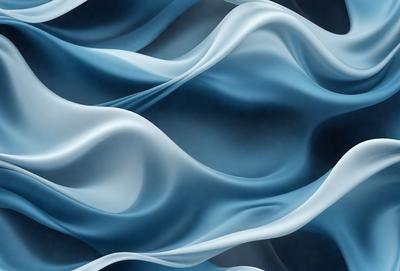 The primary subject of the image is a blue and white flowing fabric, which appears to be a painting or digital art. The setting is a dark background, which contrasts with the flowing fabric. The visual style is artistic, and the colors and mood are predominantly blue and white, creating a sense of calmness and tranquility.
