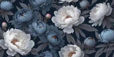 The primary subject of the image is a beautiful floral pattern featuring white and blue flowers. The setting is a blue background, which complements the flowers' colors. The visual style is a combination of digital art and illustration, creating a vibrant and lively atmosphere. The dominant colors are white and blue, which evoke a sense of calmness and tranquility.
