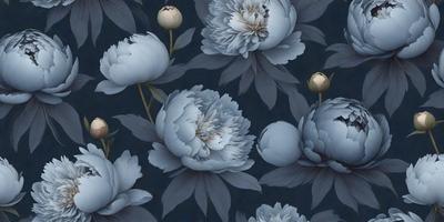The primary subject of the image is a group of blue flowers, which are the main objects in the scene. The flowers are arranged in a pattern, creating a visually appealing design. The setting is a dark blue background, which contrasts with the vibrant blue flowers. The visual style of the image is a combination of photo and digital art, as it appears to be a close-up of the flowers with a slightly blurred background. The dominant colors in the image are blue, creating a calm and serene atmosphere.