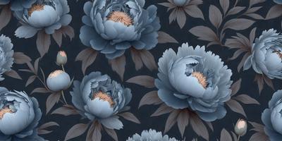 The primary subject of the image is a blue flower with a yellow center, which is part of a larger pattern of blue flowers. The setting is a blue background, and the visual style appears to be a combination of digital art and illustration. The dominant colors are blue and yellow, creating a calm and serene atmosphere.