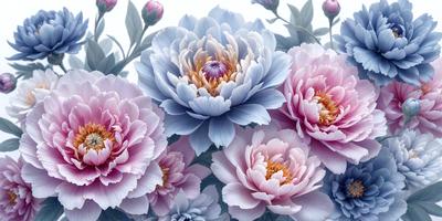 The primary subject of the image is a bouquet of flowers, featuring a variety of pink and purple colors. The flowers are arranged in a visually appealing manner, creating a sense of beauty and elegance. The setting is a white background, which provides a clean and minimalist look to the image. The visual style is a combination of realistic and artistic elements, as the flowers are depicted in a detailed and lifelike manner, while the overall composition and arrangement of the flowers showcase an artistic touch. The
