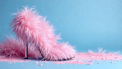 The primary subject of the image is a pair of pink shoes with a furry texture. The setting is a blue background, which creates a contrast with the pink color of the shoes. The visual style appears to be a photo, capturing the details of the shoes. The colors and mood of the image are predominantly pink, giving it a warm and feminine atmosphere.
