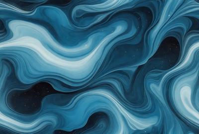 The primary subject of the image is a blue and white painting of a swirling, flowing, and twisting pattern. The setting is a dark background, which contrasts with the vibrant colors of the painting. The visual style is a combination of digital art and illustration, creating a dynamic and captivating scene. The dominant colors are blue and white, with the blue hues creating a sense of depth and the white accents adding contrast and visual interest. The overall atmosphere of the painting is one of movement and fluidity