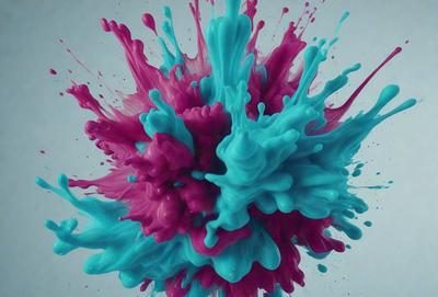The primary subject of the image is a close-up of a colorful, swirling, and splashing mess of paint, which appears to be a digital art or illustration. The setting is a white background, which provides a clean and uncluttered environment for the artwork. The visual style is a mix of vibrant colors and a dynamic, swirling pattern, creating a lively and energetic atmosphere.