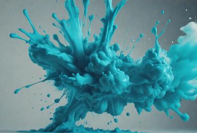 The primary subject of the image is a large, blue, swirling mass of paint or ink, which appears to be a splash or a spill. The setting is a white background, which contrasts with the vibrant blue color of the paint. The visual style of the image is a close-up of the paint splash, showcasing its texture and movement. The colors and mood of the image are predominantly blue, creating a sense of depth and intensity.