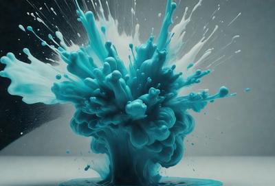 The primary subject of the image is a blue and white splash of paint, which appears to be a digital art or illustration. The setting is a white background, and the visual style is a mix of digital art and illustration. The dominant colors are blue and white, creating a vibrant and energetic atmosphere.