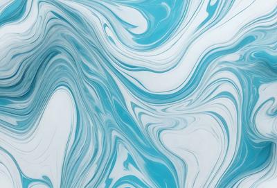 The primary subject of the image is a blue and white swirling pattern, which appears to be a painting or a digital artwork. The setting is a white wall, and the visual style is a combination of photo and digital art. The dominant colors are blue and white, creating a calming and soothing atmosphere.