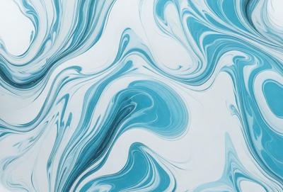 The primary subject of the image is a blue and white swirling pattern, which appears to be a painting or a digital artwork. The setting is a white wall, and the visual style is a combination of photo and digital art. The dominant colors are blue and white, creating a calming and soothing atmosphere.