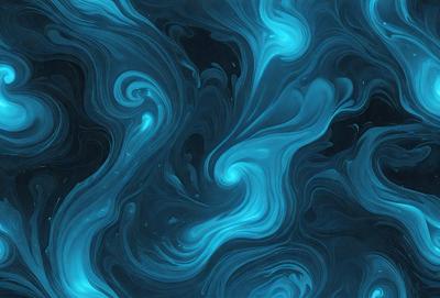 The primary subject of the image is a swirling, blue, and white pattern. The setting is a dark background, which contrasts with the vibrant colors of the pattern. The visual style appears to be a digital art or illustration, as it is a complex and intricate design. The dominant colors are blue and white, creating a sense of depth and movement in the image.