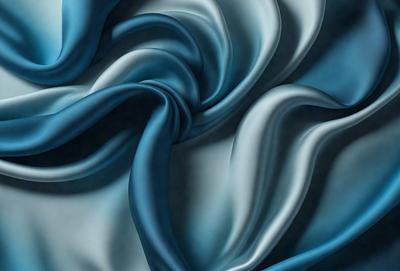 The primary subject of the image is a blue and white fabric, which appears to be a piece of silk. The setting is a room with a table, and the visual style is a painting or drawing. The colors and mood of the image are predominantly blue and white, creating a calm and serene atmosphere.