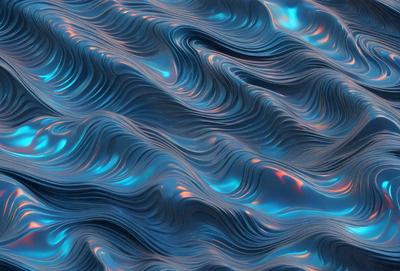 The primary subject of the image is a blue and orange water-like surface, which appears to be a digital art or illustration. The setting is a blue ocean, and the visual style is a combination of digital art and illustration. The dominant colors are blue and orange, creating a vibrant and lively atmosphere.