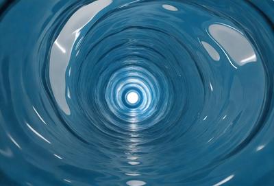 The primary subject of the image is a blue spiral tunnel, which appears to be a swimming pool. The setting is underwater, with the tunnel's walls and ceiling visible. The visual style is a photo, capturing the unique and captivating spiral shape of the pool. The dominant colors are blue, creating a serene and calming atmosphere.