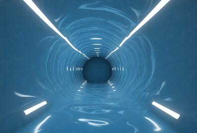 The primary subject of the image is a large, curved tunnel with a blue light illuminating it. The tunnel appears to be made of glass, giving it a reflective and shiny appearance. The setting is a dark, enclosed space, and the visual style is a combination of a photo and digital art. The colors and mood of the image are predominantly blue, creating a sense of depth and tranquility.
