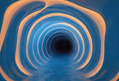 The primary subject of the image is a tunnel, which is a long, curved passageway. The setting is a dark, underground environment, with the tunnel's walls and ceiling illuminated by a blue light. The visual style of the image is a digital art or illustration, creating a unique and captivating atmosphere. The dominant colors in the image are blue and black, giving the tunnel a mysterious and enigmatic appearance.