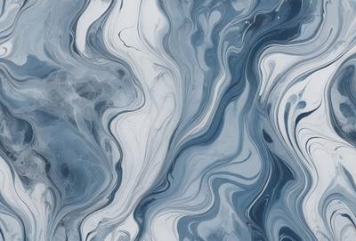 The primary subject of the image is a blue and white painting or artwork, featuring a swirling pattern and a blue background. The setting is a wall, and the visual style appears to be a combination of digital art and illustration. The dominant colors are blue and white, creating a calm and serene atmosphere.