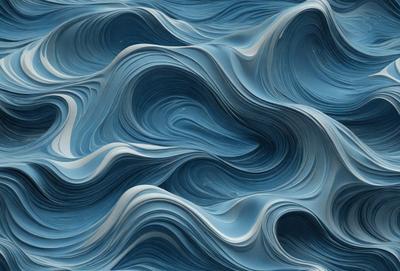 The primary subject of the image is a blue and white ocean wave. The setting is the ocean, with the wave being the main focus of the image. The visual style is a digital art or illustration, as the wave is depicted in a detailed and artistic manner. The dominant colors are blue and white, creating a serene and calming atmosphere.