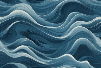 The primary subject of the image is a large body of blue water with white waves. The setting is a vast ocean, and the visual style is a painting or drawing. The dominant colors are blue and white, creating a serene and calming atmosphere.
