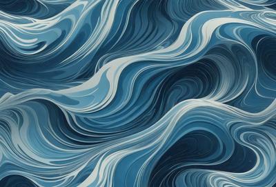 The primary subject of the image is a large body of blue water with waves and ripples. The setting is a vast ocean, and the visual style is a painting or drawing. The dominant colors are blue and white, creating a serene and calming atmosphere.