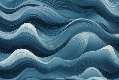 The primary subject of the image is a blue ocean with waves. The setting is the ocean, and the visual style is a digital art or illustration. The dominant colors are blue and white, creating a calm and serene atmosphere.