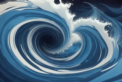 The primary subject of the image is a large, swirling blue wave. The setting is a dark, starry night, with the wave as the main focus. The visual style is a combination of a photo and digital art, creating a unique and captivating scene. The dominant colors are blue and black, giving the image a dramatic and mysterious atmosphere.