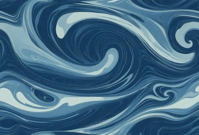 The primary subject of the image is a large, swirling blue wave. The setting is a blue ocean, and the visual style is a digital art or illustration. The dominant colors are blue and white, creating a serene and calming atmosphere.
