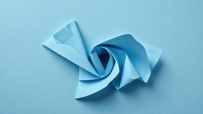The primary subject of the image is a blue paper sculpture, which appears to be a spiral or a swirl. The setting is a blue surface, possibly a wall or a table. The visual style of the image is a combination of digital art and illustration, as the paper sculpture is created using a digital medium. The colors and mood of the image are predominantly blue, giving it a calm and serene atmosphere.