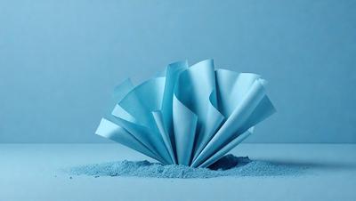 The primary subject of the image is a blue paper flower, which is the main object, scene, or focus of the image. The setting is a blue background, which adds to the overall atmosphere. The visual style is a photo, capturing the intricate details of the paper flower. The dominant colors are blue, which creates a calm and serene mood.