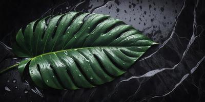The primary subject of the image is a large, wet leaf with droplets of water on it. The leaf is placed on a black surface, which adds a dramatic effect to the scene. The visual style of the image is a close-up of the leaf, emphasizing its details and texture. The colors in the image are predominantly black and green, creating a moody and atmospheric mood.