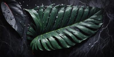The primary subject of the image is a large green leaf with water droplets on it. The leaf is placed on a black background, which creates a striking contrast with the leaf's vibrant green color. The visual style of the image is a close-up, focusing on the intricate details of the leaf. The colors and mood of the image are predominantly dark and moody, with the green leaf standing out as the main focal point.