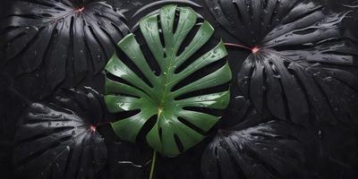 The primary subject of the image is a large green leaf, which is the main focus of the scene. The leaf is placed on a black background, creating a striking contrast. The visual style of the image is a close-up of the leaf, showcasing its details and texture. The colors in the image are predominantly green, with the leaf being the most prominent color. The overall atmosphere of the image is serene and natural, with the leaf being a symbol of growth and life.