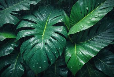 The primary subject of the image is a large green leaf with water droplets on it. The leaf is surrounded by other green leaves, creating a lush and vibrant scene. The setting appears to be a tropical or jungle environment, with the leaves providing a natural backdrop. The visual style of the image is a close-up of the leaf, showcasing its intricate details and the water droplets on its surface. The colors and mood of the image are predominantly green, with the water dro