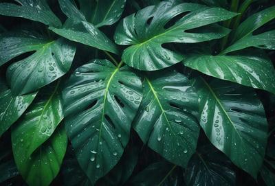 The primary subject of the image is a large green leaf with water droplets on it. The leaf is part of a plant, and the setting appears to be a jungle or a lush green environment. The visual style of the image is a close-up of the leaf, showcasing its details and texture. The colors in the image are predominantly green, with the water droplets adding a touch of blue. The overall atmosphere of the image is serene and natural, highlighting the beauty of the plant and