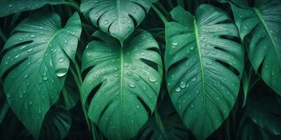 The primary subject of the image is a large green leaf with water droplets on it. The leaf is placed in a lush green environment, surrounded by other leaves. The visual style of the image is a close-up of the leaf, showcasing its details and texture. The colors and mood of the image are predominantly green, with the water droplets adding a touch of wetness and freshness to the scene.