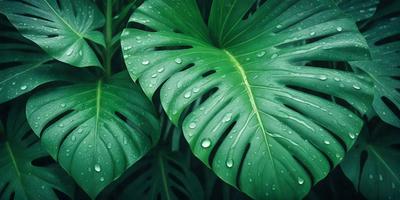 The primary subject of the image is a large green leaf with water droplets on it. The leaf is placed in a setting with other green leaves, creating a lush and vibrant environment. The visual style of the image is a close-up of the leaf, showcasing its intricate details. The colors and mood of the image are predominantly green, with the water droplets adding a touch of refreshing and natural beauty to the scene.