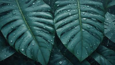 The primary subject of the image is a large green leaf with water droplets on it. The leaf is the main focus of the image, and it is placed in a setting with a background of a forest. The visual style of the image is a photo, capturing the natural beauty of the leaf and its water droplets. The colors in the image are predominantly green, with the water droplets adding a touch of blue. The overall atmosphere of the image is serene and peaceful, showcasing the beauty of