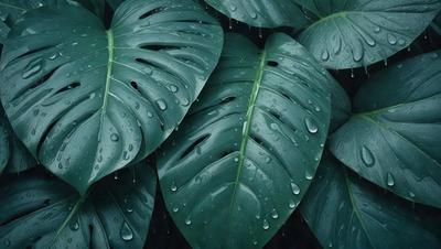 The primary subject of the image is a large green leaf with water droplets on it. The leaf is surrounded by other leaves, creating a lush and vibrant scene. The setting appears to be a natural environment, possibly a forest or a garden. The visual style of the image is a close-up of the leaf, emphasizing the details of the water droplets and the leaf's texture. The colors in the image are predominantly green, which adds to the natural and serene atmosphere of the scene.