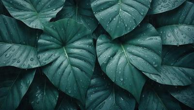 The primary subject of the image is a large green leaf with water droplets on it. The leaf is the main focus of the image, and it is placed in a setting with other leaves, creating a lush and vibrant scene. The visual style of the image is a close-up of the leaf, showcasing its intricate details and textures. The colors in the image are predominantly green, with the water droplets adding a touch of blue. The overall atmosphere of the image is serene and natural