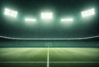 The image features a soccer field with a green pitch and a white line. The field is illuminated by a bright light, creating a glowing atmosphere. The primary subject is the soccer field, which is the main focus of the image. The setting is an outdoor sports field, and the visual style is a photo. The colors and mood of the image are bright and lively, with the green pitch and white line contrasting against the dark background.