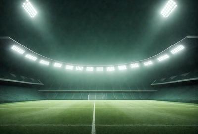 The image features a soccer field with a green surface, illuminated by a bright light. The field is surrounded by a stadium, and the lighting creates a dramatic atmosphere. The primary subject is the soccer field, which is the main focus of the image. The setting is an outdoor sports venue, and the visual style is a combination of photo and digital art. The colors and mood are vibrant and energetic, with the green field and bright light creating a lively and engaging scene.