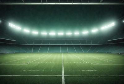The image features a large, empty stadium with a green field. The stadium is illuminated by bright lights, creating a dramatic atmosphere. The field is empty, with no players or spectators visible. The stadium appears to be a sports venue, possibly a football field, given the size and layout of the field. The overall mood of the image is one of emptiness and anticipation, as the stadium awaits the next event or game.