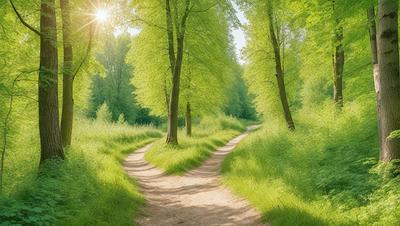 The primary subject of the image is a dirt road surrounded by lush green grass and trees. The setting is a forest, with the sun shining through the trees, creating a serene and peaceful atmosphere. The visual style is a photo, capturing the natural beauty of the forest and the road. The colors and mood are predominantly green, with the sunlight adding warmth and brightness to the scene.